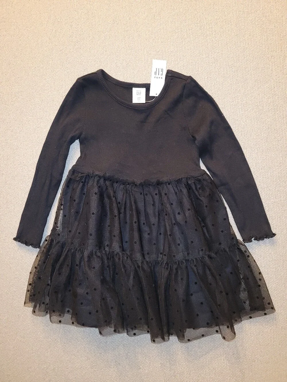 GAP Size 3 Years Black Long Sleeve Tulle Tiered Dress with Polka Dot Overlay Nwt